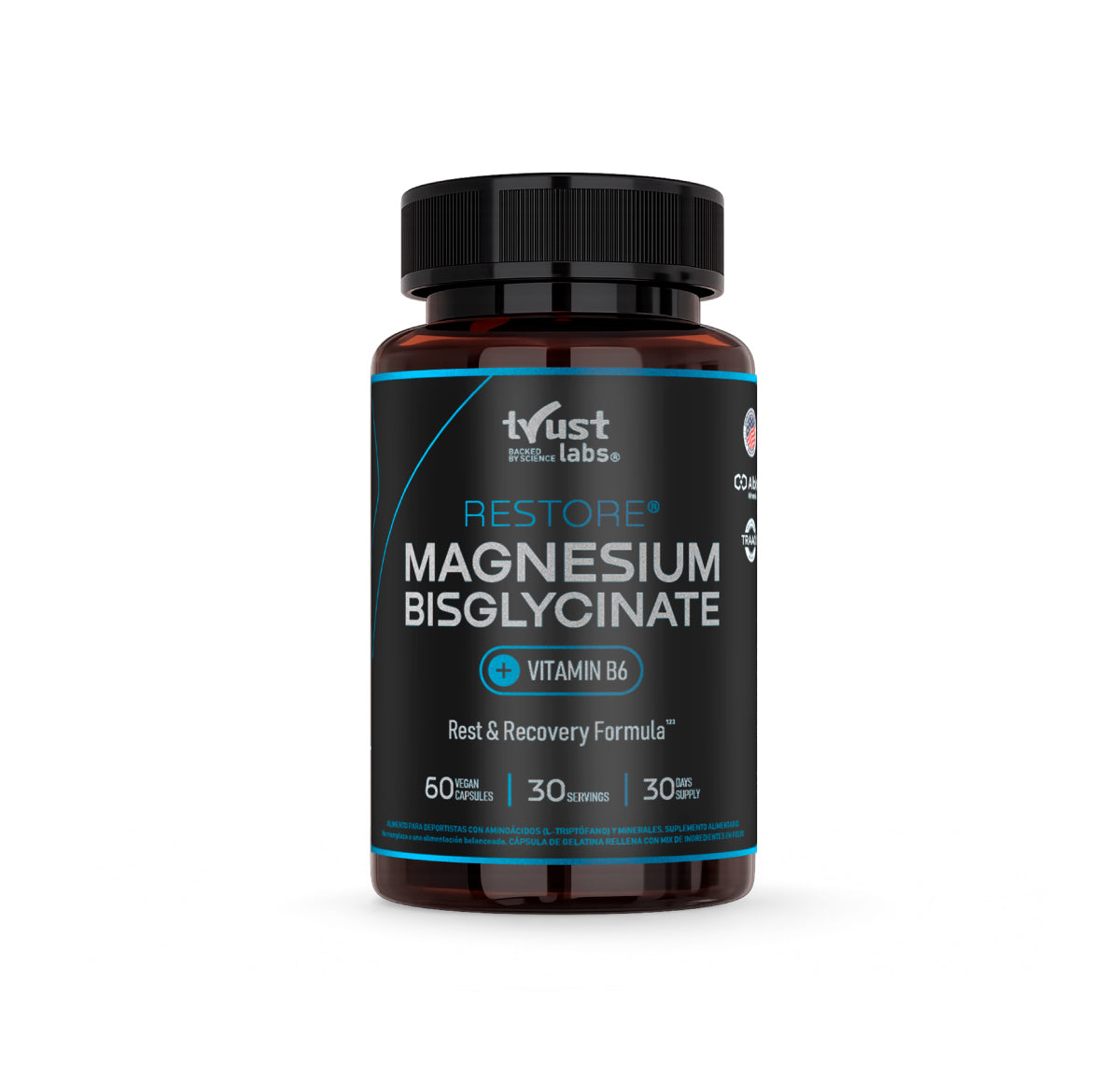 Trust Labs Restore bisglicinato de magnesio con
vitamina B6, frasco de 60 cápsulas